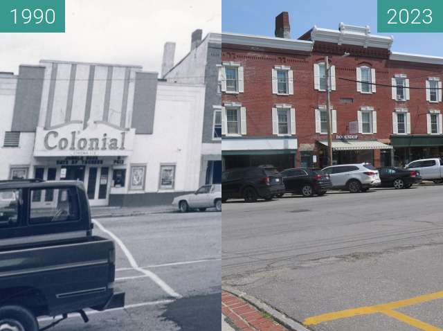Image avant-après de High Street, Colonial Theatre in Belfast, ME entre 1990 et 03/08/2023