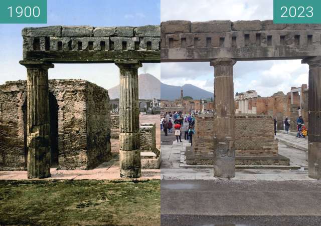Before-and-after picture of Pompeii Forum between 1900 and 11/2023