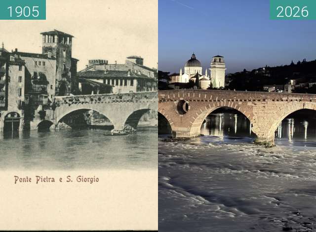Before-and-after picture of Verona: Ponte Pietra between 1905 and 2026-Sep-07