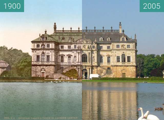 Before-and-after picture of Palais im Großen Garten Dresden between 1900 and 2005-Sep-05