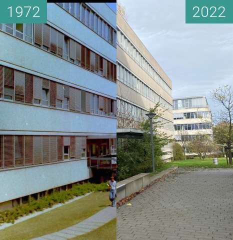 Vorher-Nachher-Bild von Geschossbau V der Universität Dortmund zwischen 1972 und 08.11.2022