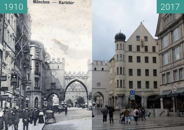 Before-and-after picture of Karlstor München (2) between 1910 and 2017-Sep-03