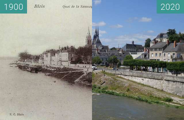 Before-and-after picture of Blois, Quai de la Saussaye between 1900 and 06/2020