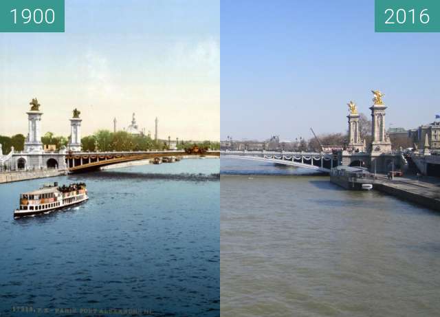 Before-and-after picture of Pont Alexandre III between 1900 and 2016-Feb-29