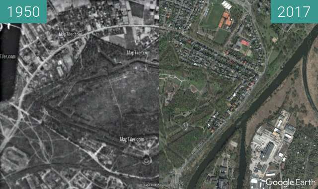 Vorher-Nachher-Bild von Zitadelle Posen, luftaufnahme zwischen 1950 und 2017