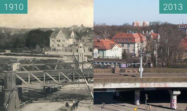 Before-and-after picture of Ulice Libelta/Roosevelta/Poznańska/Pułaskiego between 1910 and 2013