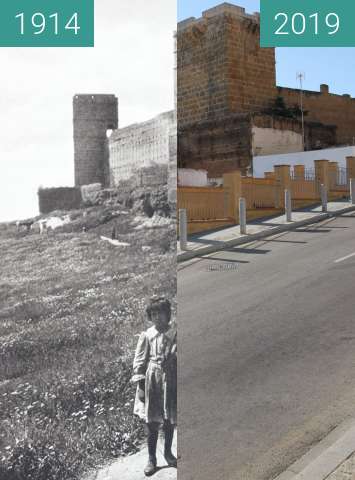 Before-and-after picture of Castillo de Alcalá de Guadaíra near Sevilla, Spain between 1914 and 2019-Jun-20