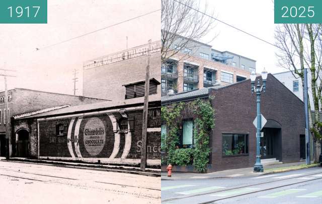 Before-and-after picture of Mallory Stables, Portland, OR, 1917 between 1917 and 2025
