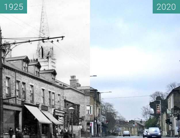 Before-and-after picture of Manchester Road, Nelson, Lancashire between 1925 and 2020-Jan-01