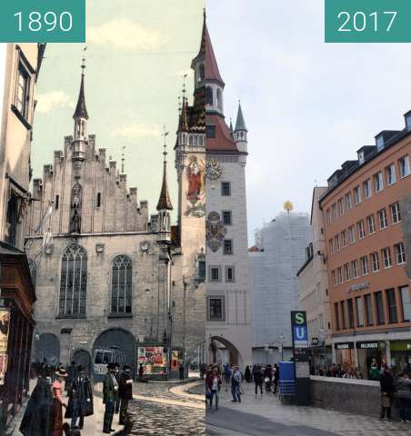 Before-and-after picture of Marienplatz München: Altes Rathaus  between 1890 and 2017-Sep-03