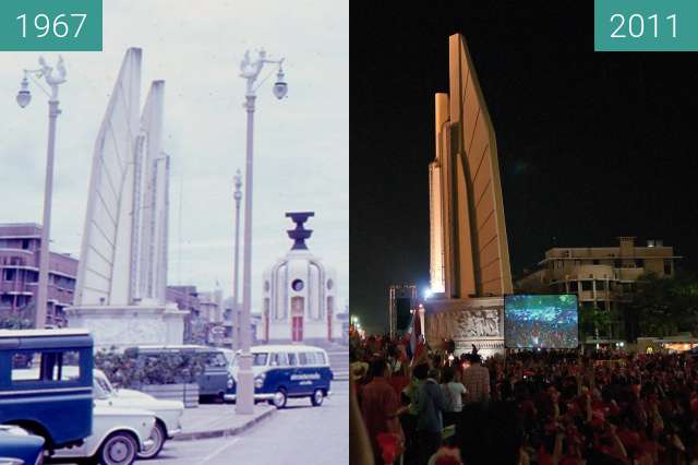 Before-and-after picture of Democracy Monument in Bangkok between 1967-May-25 and 2011-Feb-13