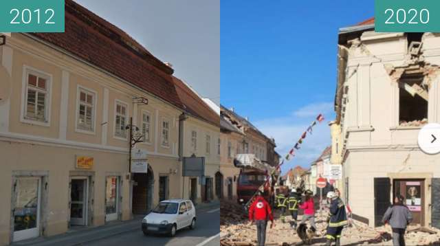 Before-and-after picture of 2020 Petrinja earthquake between 09/2012 and 2020-Dec-29