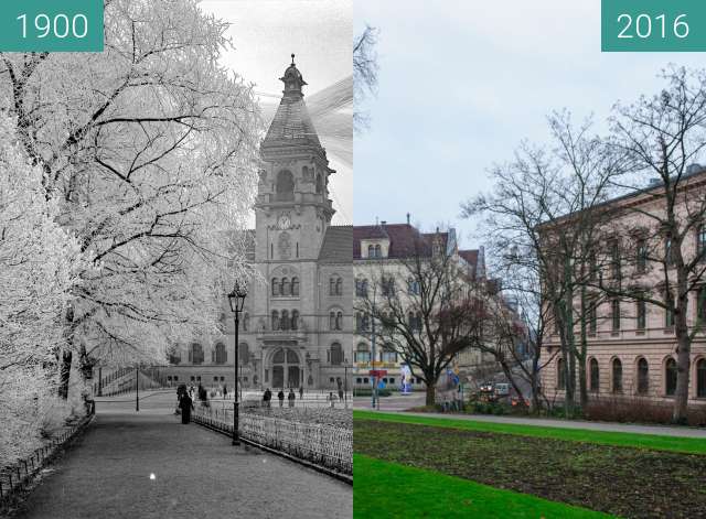Before-and-after picture of Hauptpost between 1900 and 2016-Jan-02