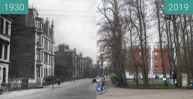 Before-and-after picture of Queen's Park 1 between 1930 and 2019-Mar-24