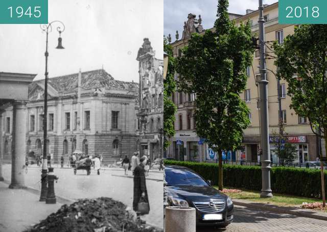 Before-and-after picture of Aleje Marcinkowskiego between 1945 and 2018