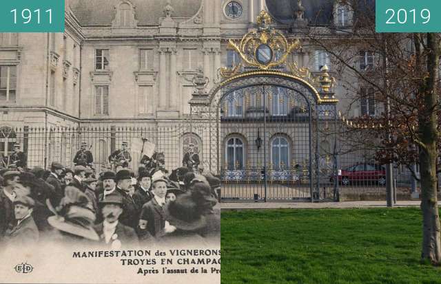 Before-and-after picture of Champagne Riots between 1911-Apr-09 and 2019-Mar-23