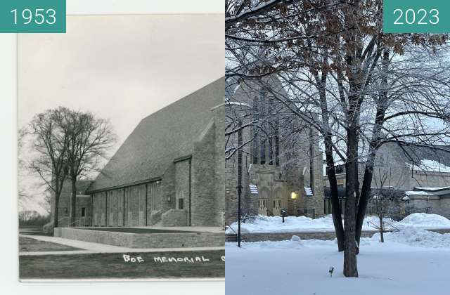 Before-and-after picture of Boe Memorial Chapel 11-7-1953 to 1-21-2023 between 1953-Nov-11 and 2023-Jan-21