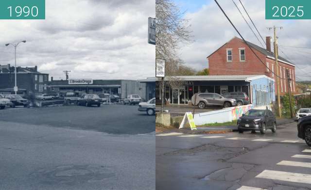 Before-and-after picture of The Belfast Community CO-OP Building between 1990 and 2025-Oct-31