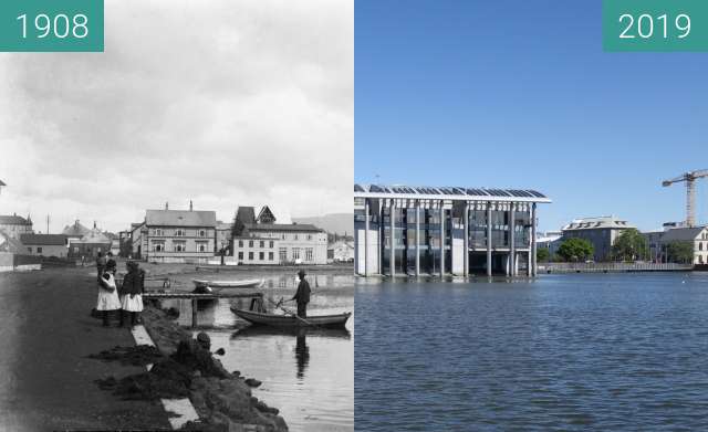 Before-and-after picture of Lake Tjörnin between 1908 and 2019-May-28