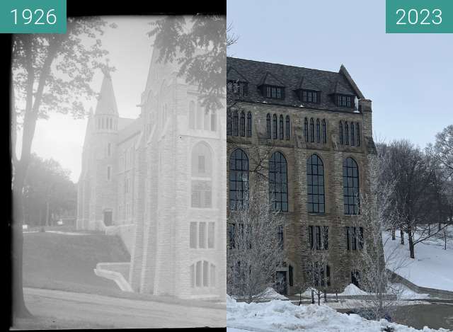 Before-and-after picture of Holland Hall, St. Olaf Campus, Northfield, USA between 1926-Jul-21 and 2023-Jan-03