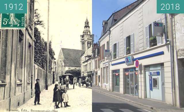 Before-and-after picture of Viarmes: Rue de Paris between 1912 and 2018-May-27
