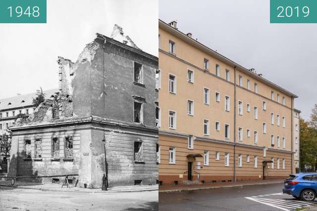 Before-and-after picture of Ulica Nowowiejskiego between 1948 and 2019
