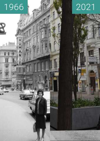 Before-and-after picture of Mariahilferstraße between 1966 and 2021-May-02