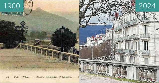 Before-and-after picture of Champ de Mars Valence between 1900 and 2024-Mar-12