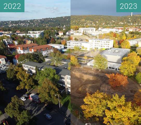 Before-and-after picture of Abriss der 94.POS Dresden between 2022-Oct-04 and 2023-Oct-29