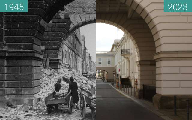Before-and-after picture of Oberwallstraße, Central Berlin 1945 between 1945 and 2023