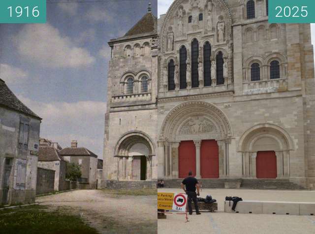 Before-and-after picture of Basilic of Vézelay between 1916-Jul-20 and 2025-May-31