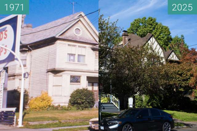 Before-and-after picture of Arthur Devers House, NW Portland, Oregon between 1971 and 2025-Sep-30