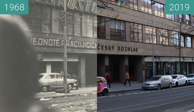 Before-and-after picture of Československý rozhlas between 1968-Aug-21 and 2019-Dec-18