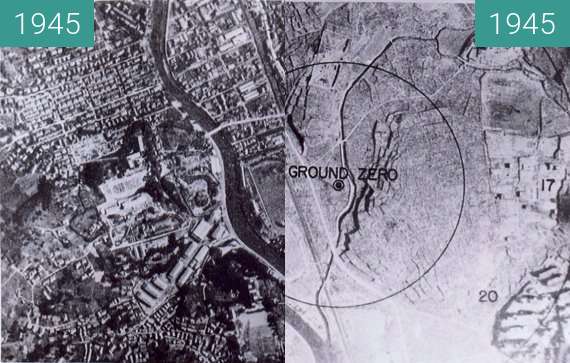 Before-and-after picture of Atomic bombing of Nagasaki during World War II between 1945-Aug-09 and 1945-Aug-09