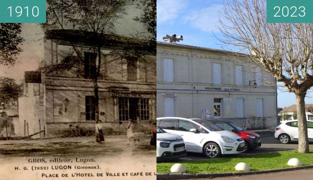 Before-and-after picture of Place de la mairie à Lugon between 1910 and 2023-Feb-02