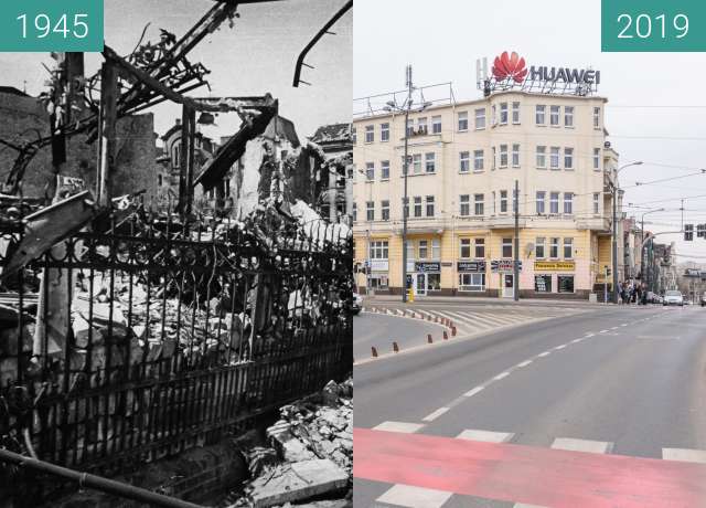 Before-and-after picture of Ulica Roosevelta between 1945 and 2019-Mar-07