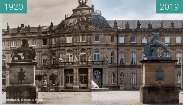 Before-and-after picture of Stuttgart - Neues Schloss between 1920 and 2019-Jun-23