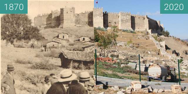 Before-and-after picture of Selçuk Fortress between 1870 and 2020-Oct-11