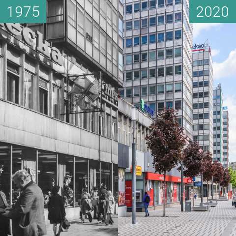 Before-and-after picture of Ulica św. Marcin between 1975 and 2020-May-06