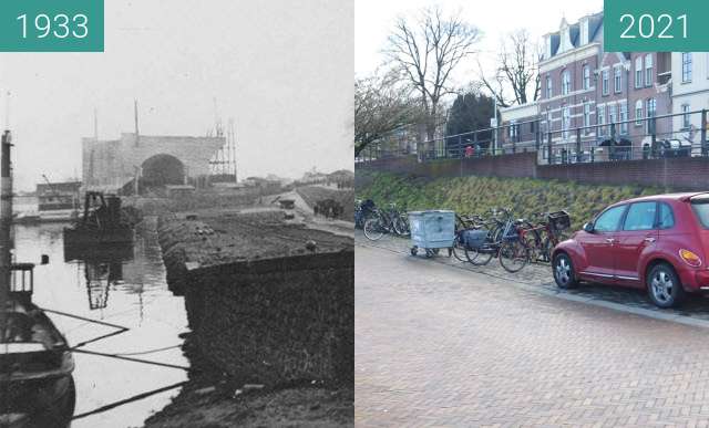 Before-and-after picture of Waalkade 1933 building bridge between 1933 and 2021-Jan-09