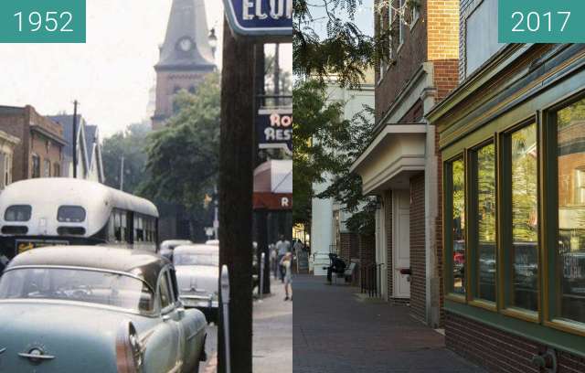 Before-and-after picture of West St. near Church Circle, Annapolis, Maryland between 1952 and 2017-Oct-03