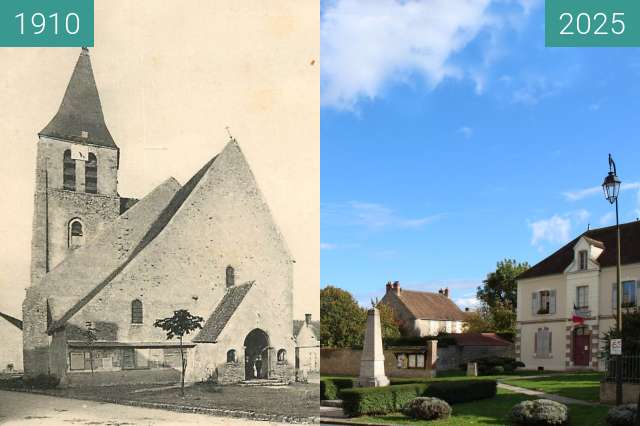 Image avant-après de Bransles Eglise et Mairie entre 1910 et 25/10/2025