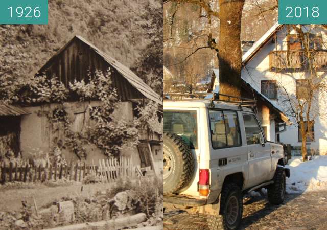 Before-and-after picture of Nomenj, Slovenia 1926 vs. 2018 between 1926 and 2018-Feb-16