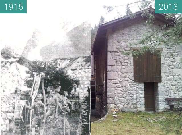 Before-and-after picture of Patrinova žaga nekoč in danes between 1915 and 2013