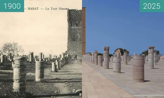 Vorher-Nachher-Bild von Tour Hassan zwischen 1900 und 05.2025