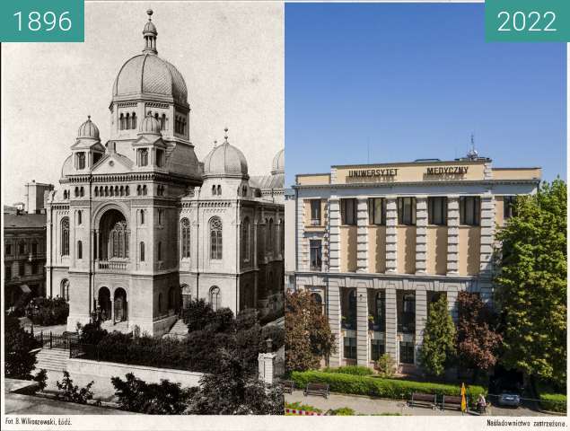 Vorher-Nachher-Bild von Grand Synagogue and Hertz palace in Lodz zwischen 1896 und 10.05.2022