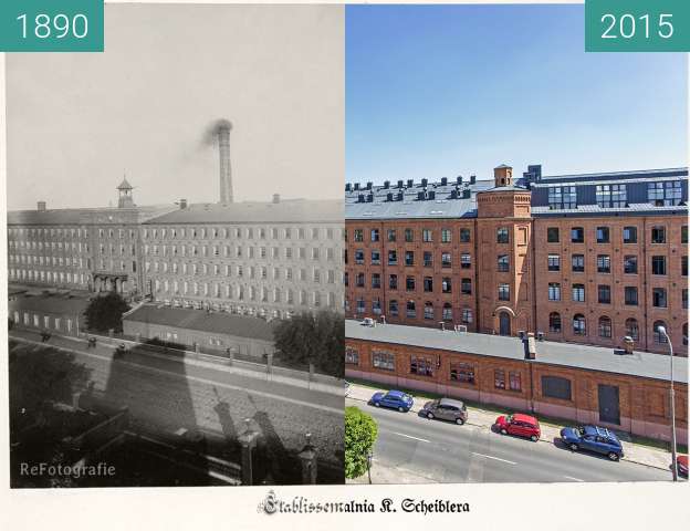 Before-and-after picture of Karl Scheibler's spinning mill in Lodz between 1890 and 2015