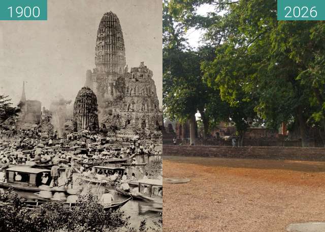 Before-and-after picture of Wat Mahathat (Ayutthaya) between 11/1903 and 05/2026