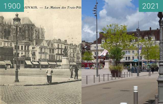 Before-and-after picture of Place Jeanne Hachette between 1900 and 05/2021