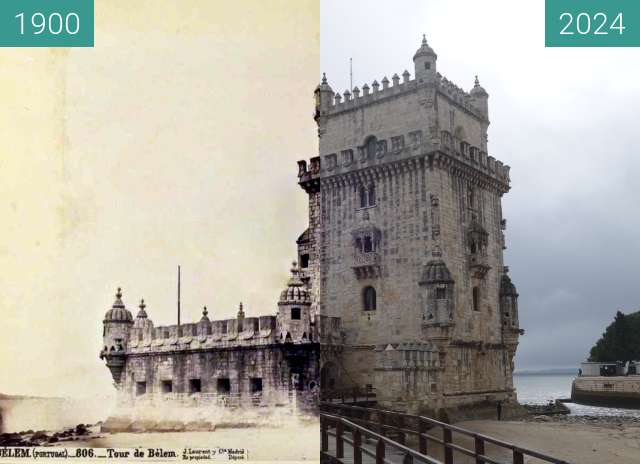 Vorher-Nachher-Bild von Torre de Belem zwischen 1900 und 05.2024